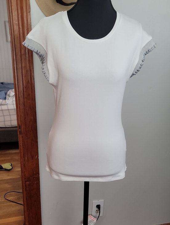 Muse Tops - Muse Republic Clothing White Short Sleeve Tee with Silver Ruffle Sleeve Trim